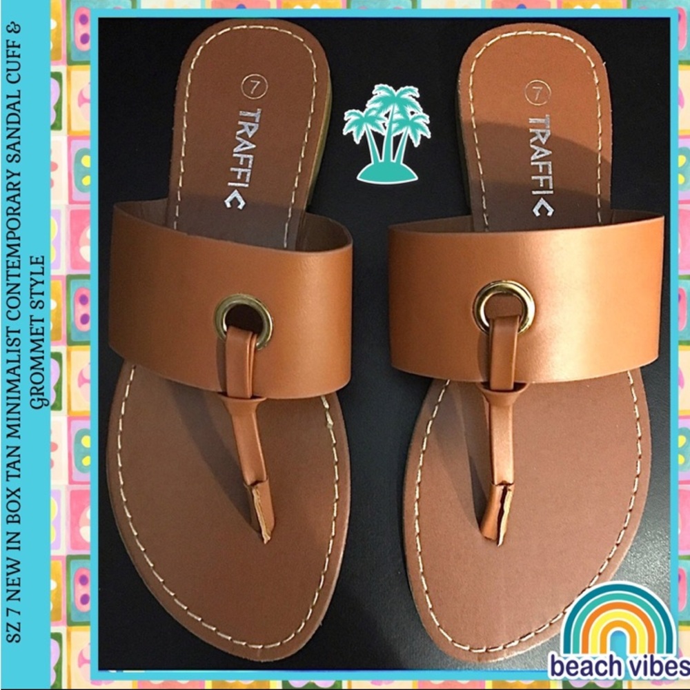 SZ 7 NEW IN BOX TAN MINIMALIST CONTEMPORARY FLAT SANDAL CUFF & GROMMET STYLE